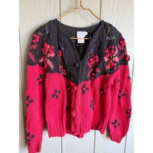 Vintage Hand Knit Floral Cardigan Sweater Red & Black Chunky Button Front Medium